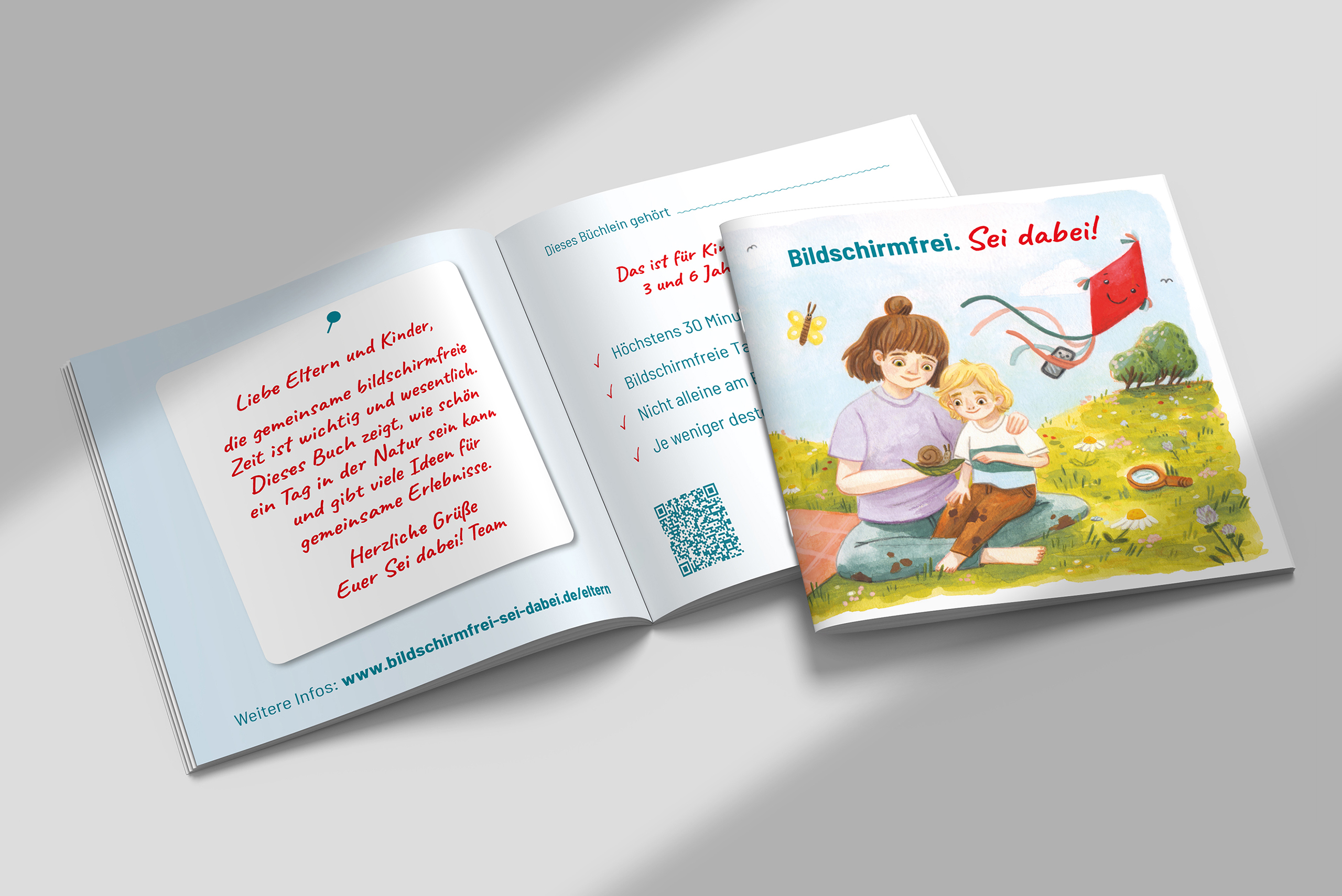 Bilderbuch Innenseite mit Informationen zur altersgerechten Bildschirmnutzung.