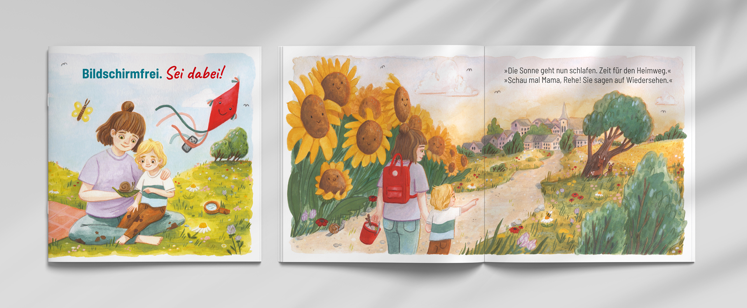 Bilderbuch Innenseite mit Mutter und Kind im Sonnenuntergang.