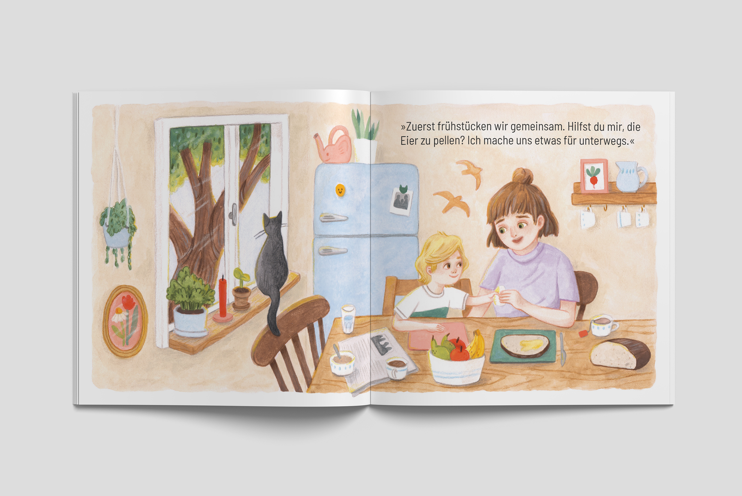 Bilderbuch Innenseite, hier sitzen Mutter und Kind beim Frühstück