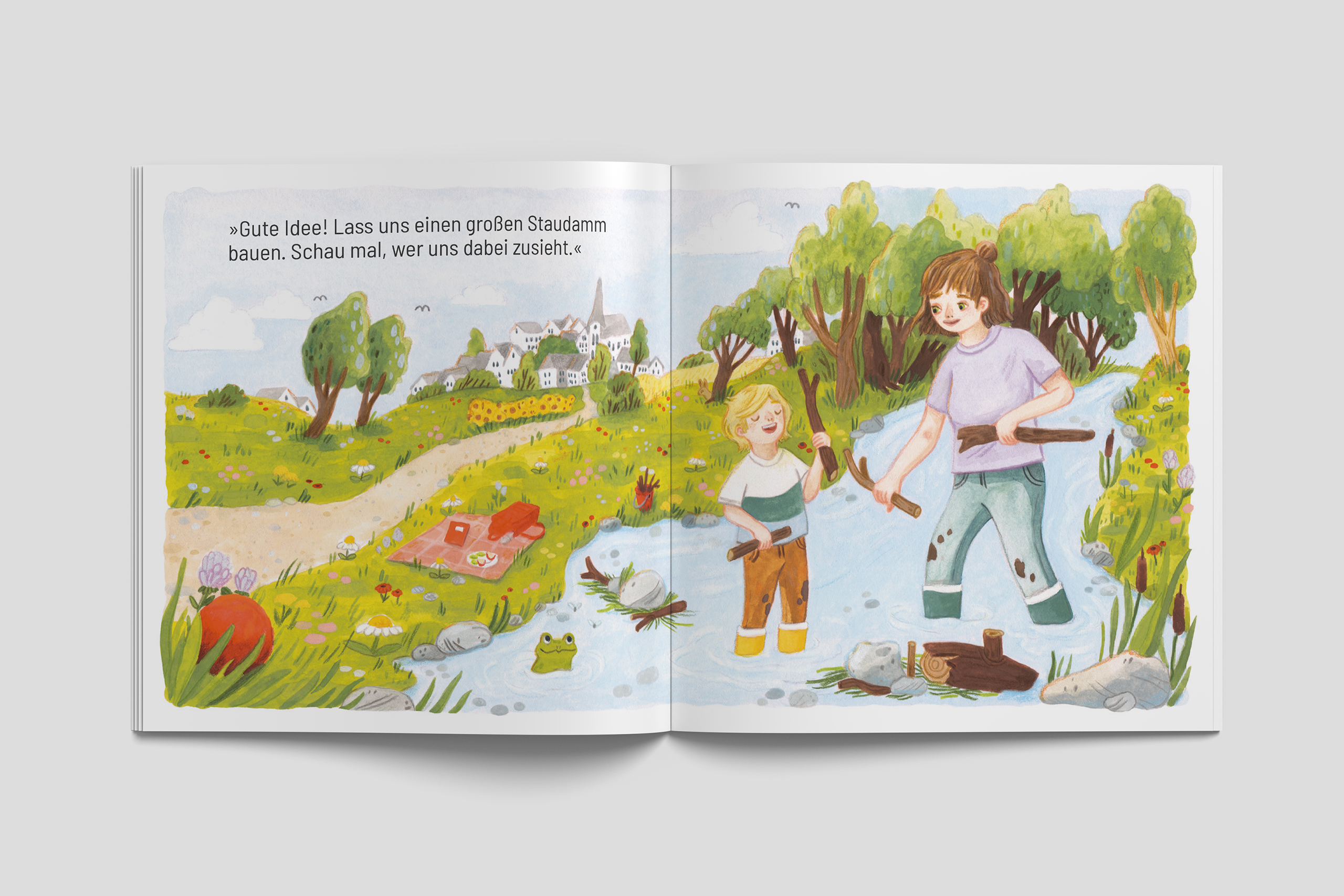 Bilderbuch Innenseite, hier spielt die Mutter draußen mit dem Kind