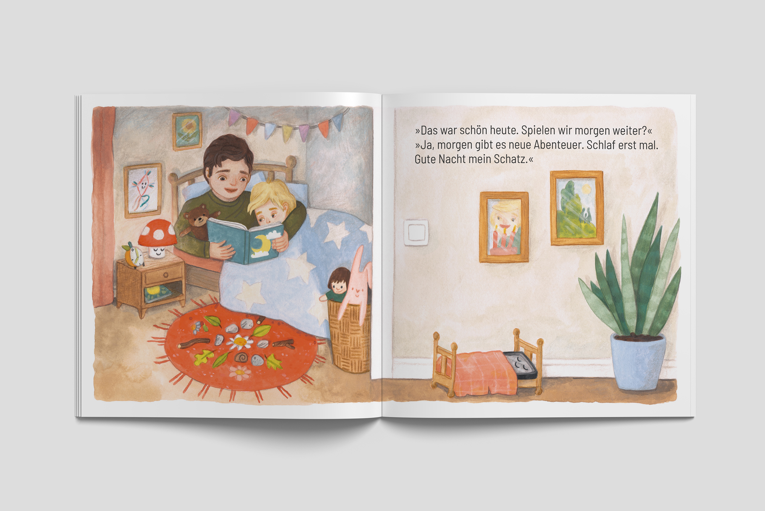 Bilderbuch Innenseite, hier bringt der Vater das Kind ins Bett