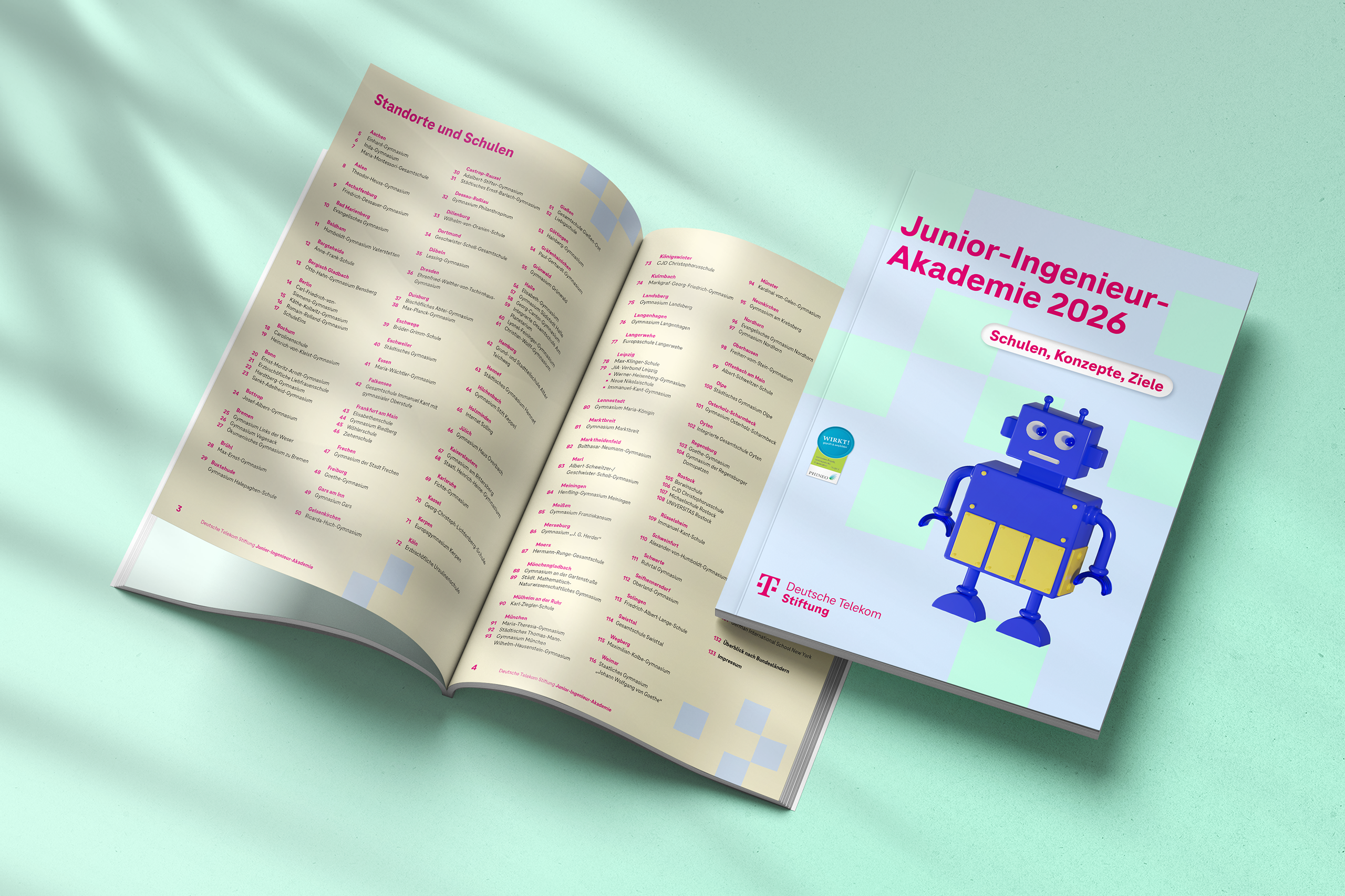 Cover und Doppelseite mit allen Standorten und Schulen